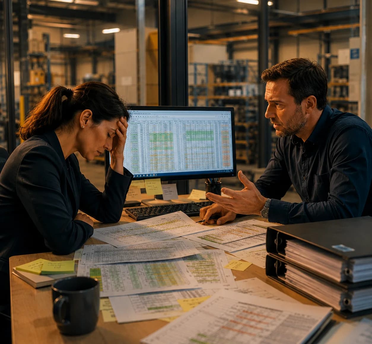 Zwei Kolleg:innen ringen an einem Konferenztisch mit Excel-Tabellen und Papierstapeln